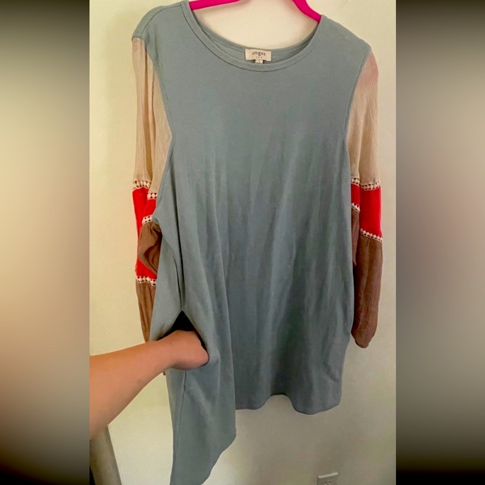 Umgee Dandelion Colorblock Long Puff Sleeve Round Neck Knit Dress pockets Large